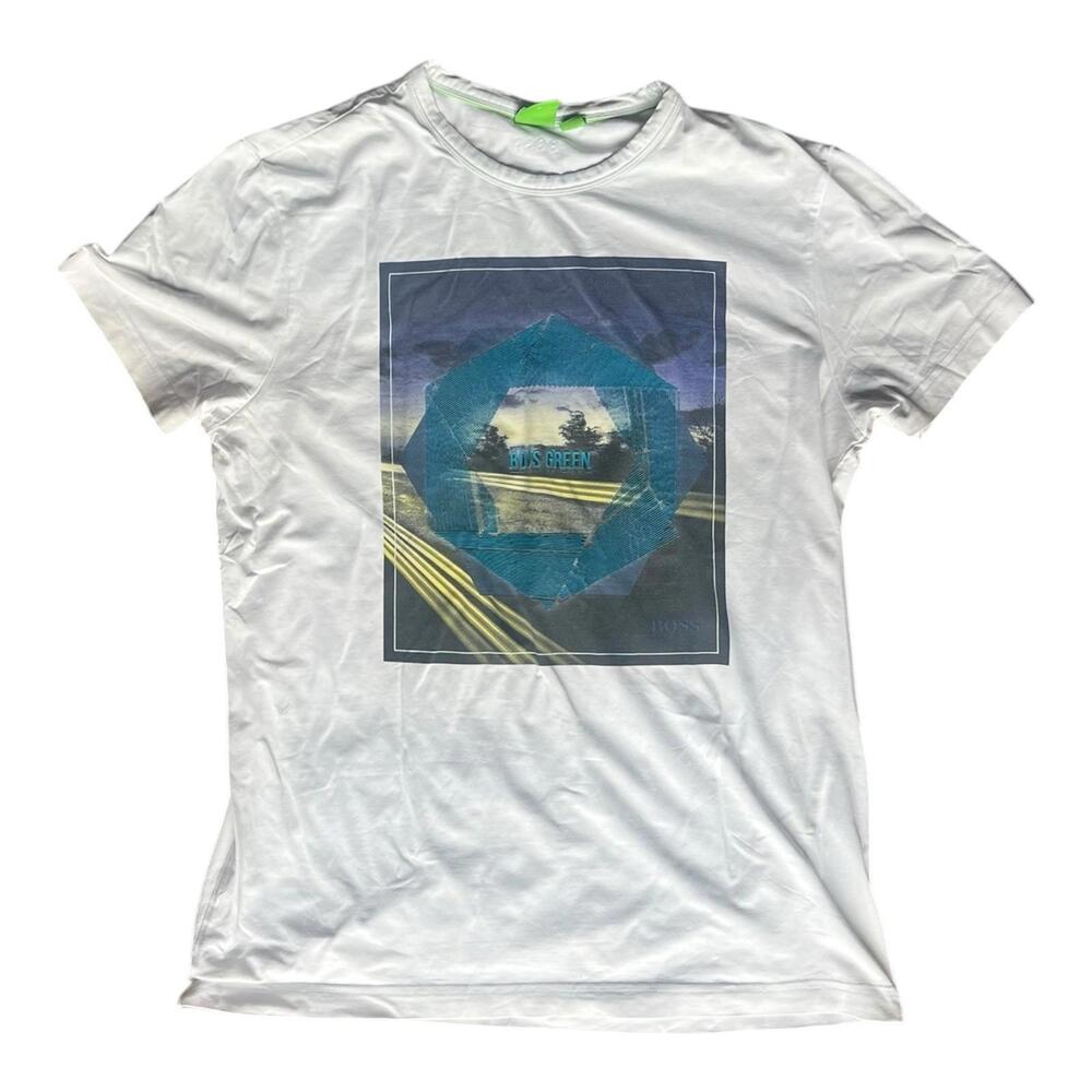Hugo Boss White Cotton Blend Short Sleeve Print Boss Green Tee Casual T-shirt S